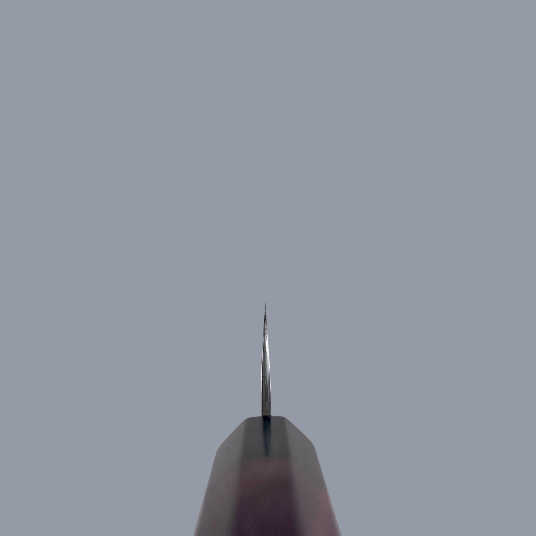 Yu Kurosaki Kokusen AS Petty 150 mm with rosewood octagon wa handle, choil view showing the thin blade geometry and octagonal handle alignment.