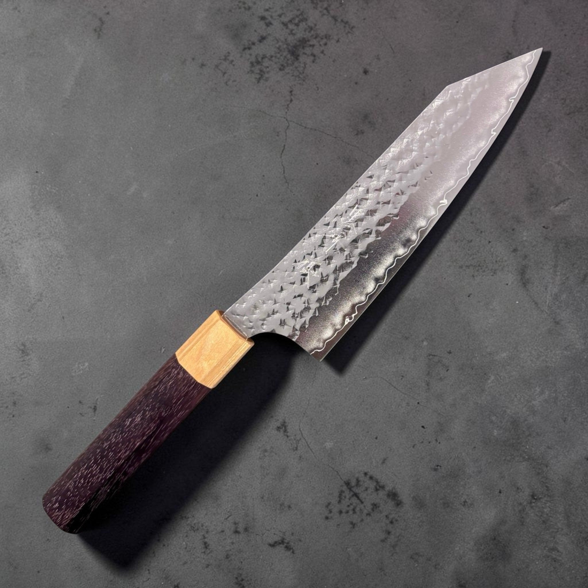 Yu Kurosaki Senko Ei SG2 Bunka 170 mm, left-side blade view with hammered pattern and pointed tip.