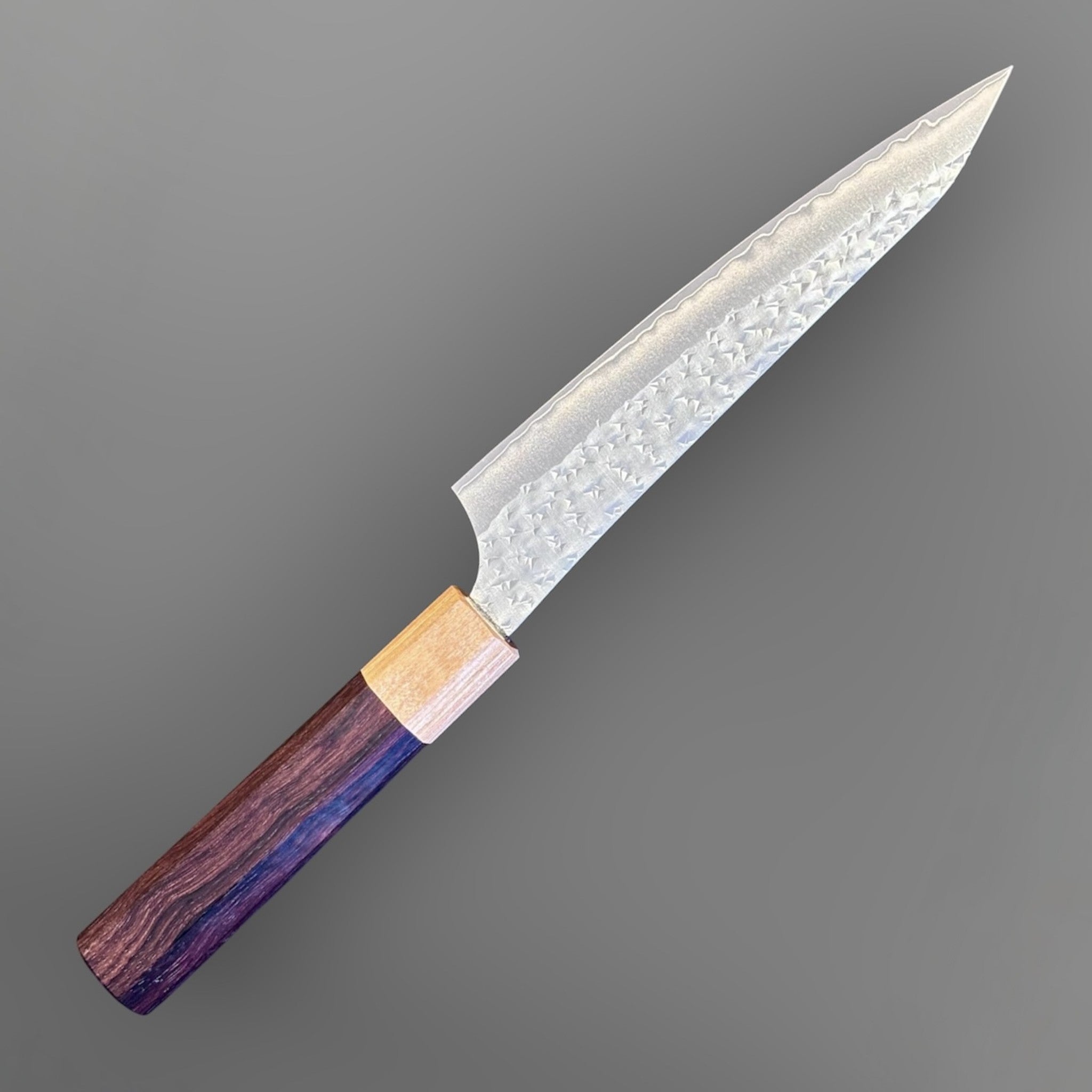 Yu Kurosaki Senko Ei SG2 Petty 150 mm with rosewood octagonal handle, angled full-knife product view showing hammered blade texture.