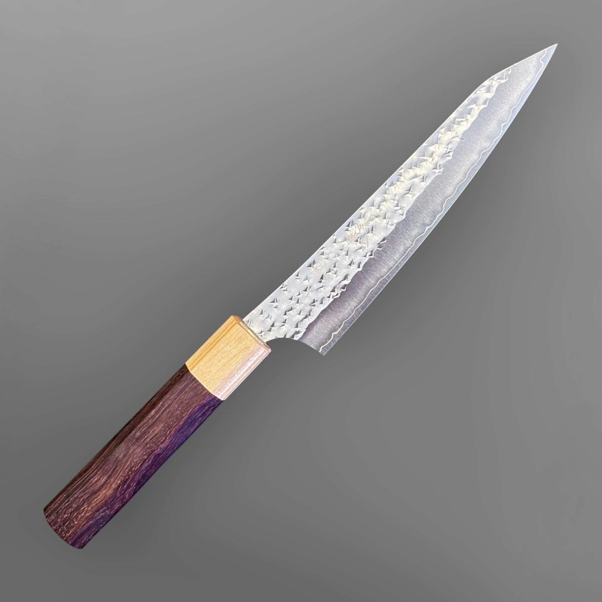 Yu Kurosaki Senko Ei SG2 Petty 150 mm with rosewood octagonal handle, angled product view highlighting the Senko Ei hammered finish.