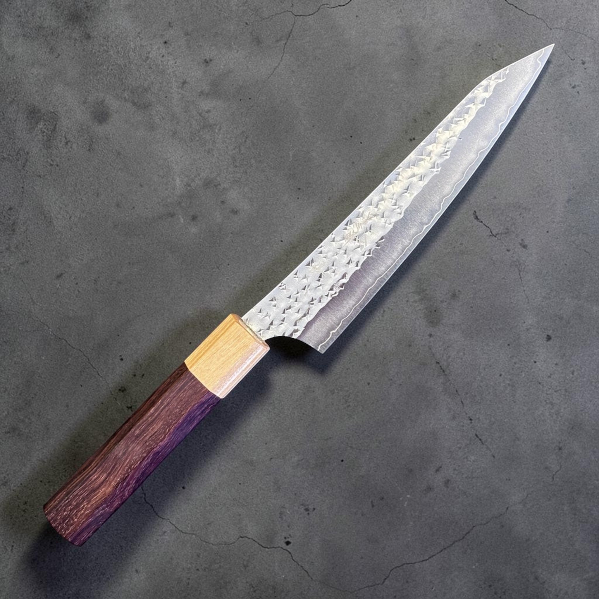 Yu Kurosaki Senko Ei SG2 Petty 150 mm with rosewood octagonal handle, angled product view highlighting the Senko Ei hammered finish.