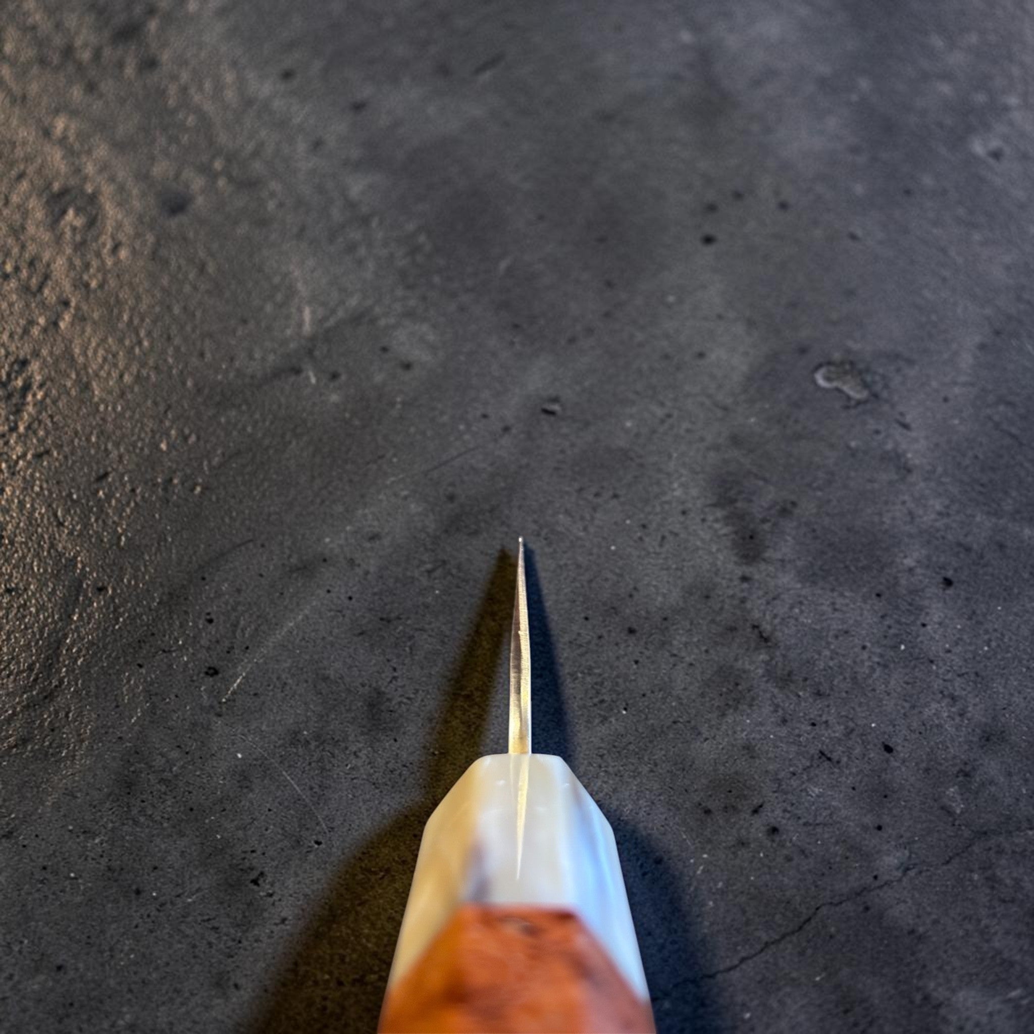 Yu Kurosaki Shizuku SG2 Petty 150 mm with Amboyna burl and buffalo horn ferrule, choil spine view.