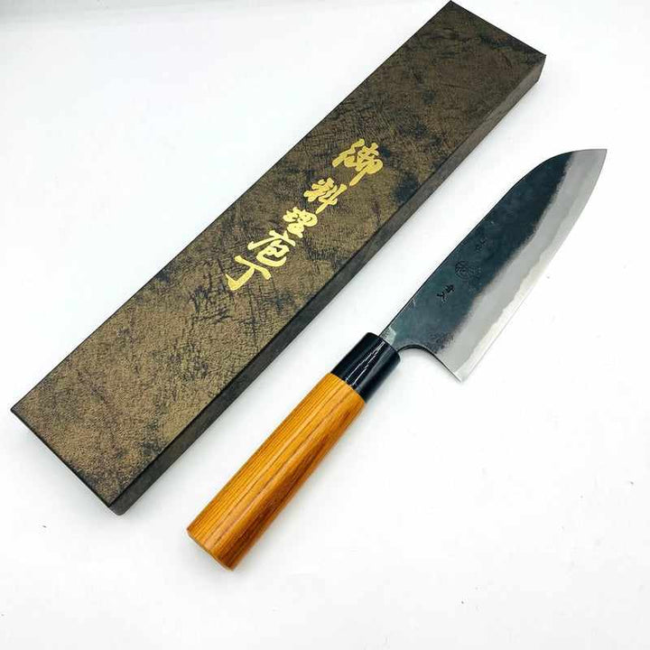 Kyohei Shindo Warikomi Blue #2 Kurouchi 165mm Santoku with Keyaki Wa Handle and Plastic Ferrule Tokushu Knife.