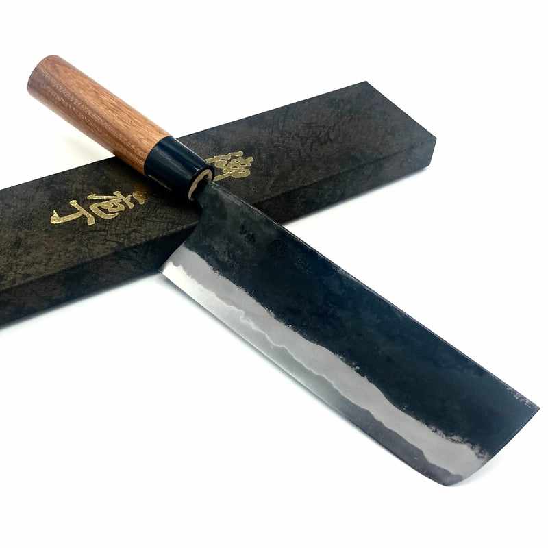 Kyohei Shindo Warikomi Blue #2 Kurouchi 170mm Nakiri with Keyaki Wa Handle and Plastic Ferrule Tokushu Knife.