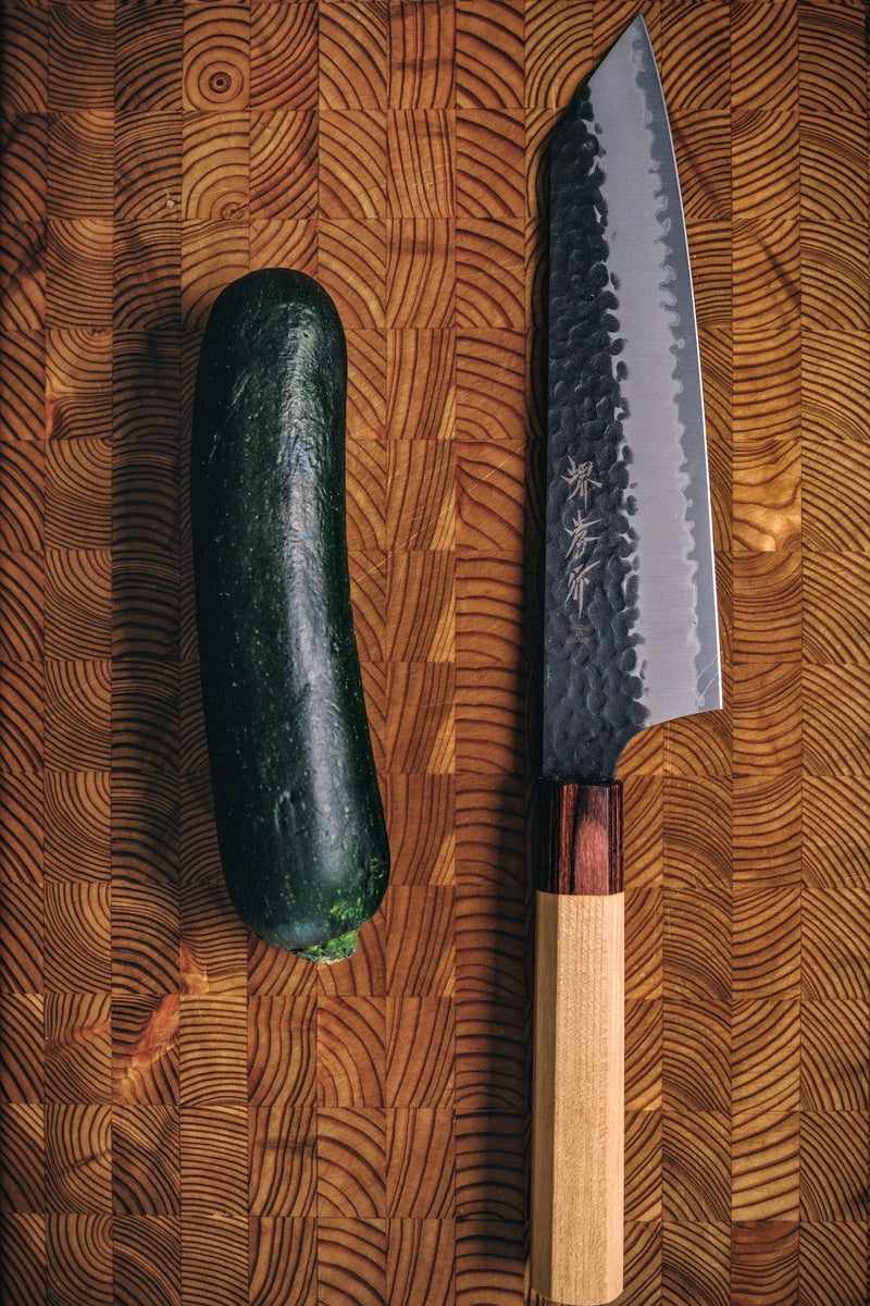 Sakai Takayuki 190mm Stainless Clad Aogami Super Steel Kurouchi Tsuchime 190mm Kengata with Zelkova Wa Handle Tokushu Knife.
