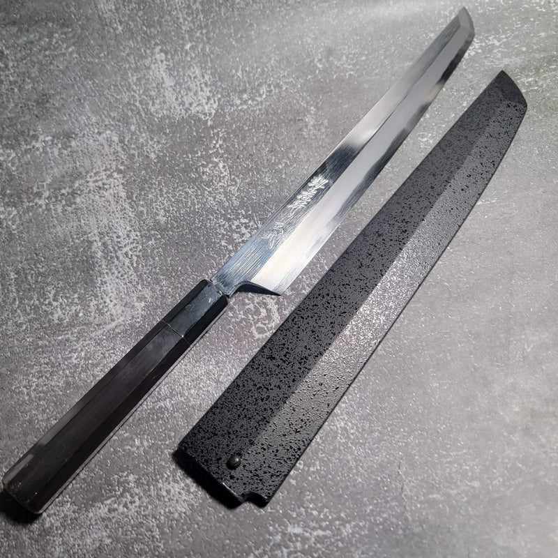 Sakai Takayuki Genbu by Itsuo Doi Blue #2 Mirror Polished 330m Sakimaru Yanigiba with Ebony Handle and Saya - Tokushu Knife