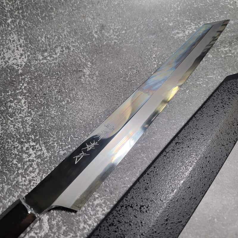 Sakai Takayuki "Hein" by Itsuo Doi Blue #2 Mirror Polished 300m Kengata Yanigiba with Ebony Handle and Saya - Tokushu Knife