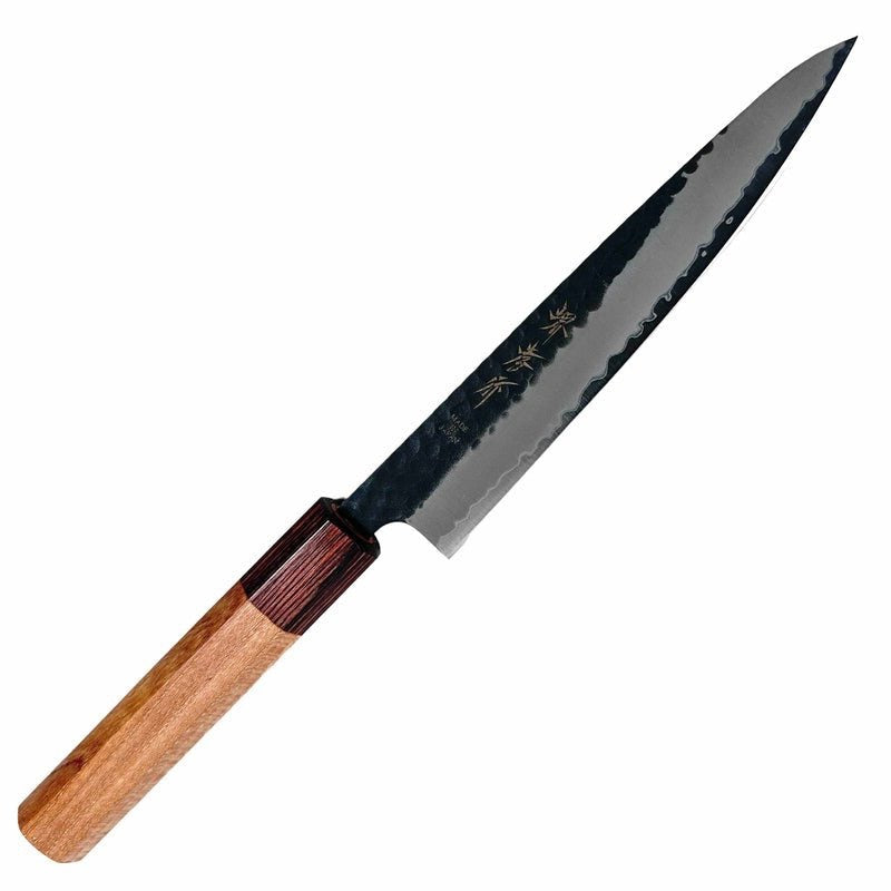 Sakai Takayuki Stainless Clad Aogami Super Kurouchi Tsuchime 150mm Petty with Japanese Zelkova and Mahogany Wa Handle Tokushu Knife.