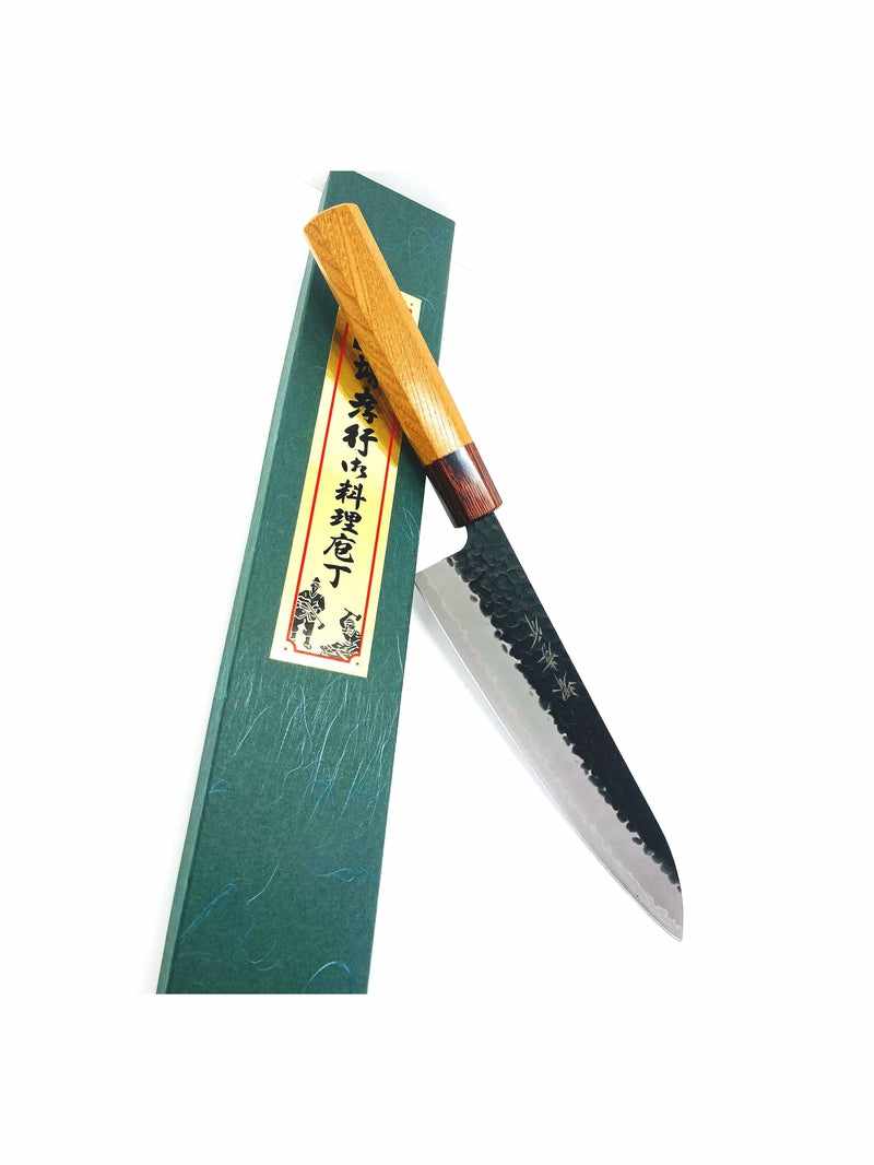 Sakai Takayuki Stainless Clad Aogami Super Kurouchi Tsuchime 210mm Gyuto with Japanese Zelkova and Mahogany Wa Handle Tokushu Knife.