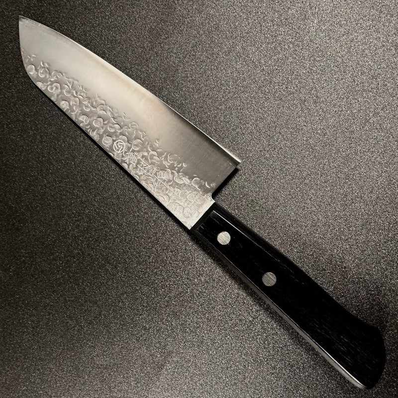 Takamura Stainless Clad Chromax Tsuchime 170mm Santoku with Black Pakkawood Scales Western Style Handle Tokushu Knife.