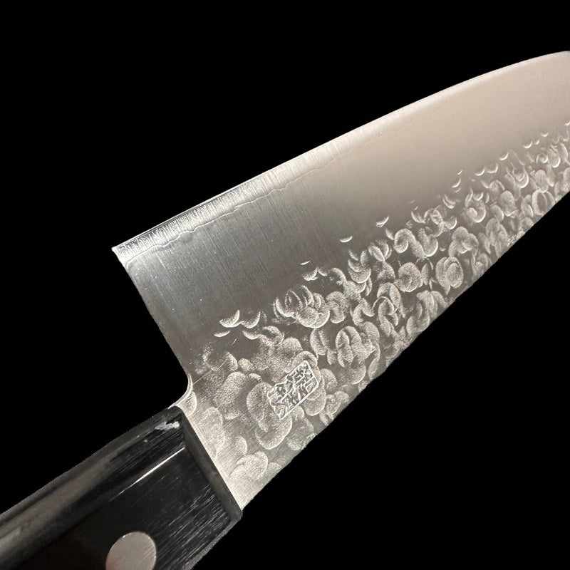 Takamura Stainless Clad Chromax Tsuchime 170mm Santoku with Black Pakkawood Scales Western Style Handle Tokushu Knife.
