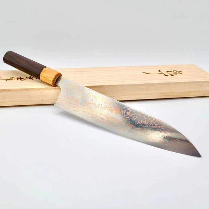 Takeshi Saji Rainbow VG10 240mm Gyuto with Rosewood Handle and White top Tokushu Knife.