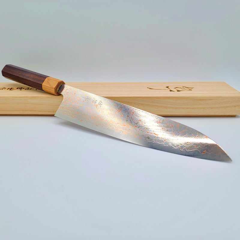 Takeshi Saji Rainbow VG10 240mm Gyuto with Rosewood Handle and White top Tokushu Knife.