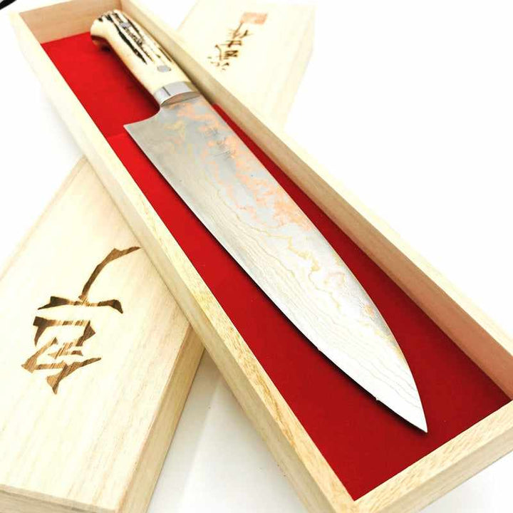 Takeshi Saji Staghorn Rainbow Blue Steel 210mm Gyuto Tokushu Knife.