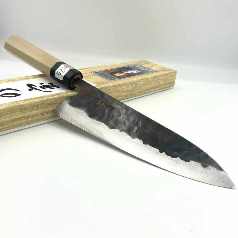 Teruyasu Fujiwara Denka Stainless Clad Kurouchi Tsuchime 195mm Gyuto with Octogonal Buffalo and Ho Wa Handle Tokushu Knife.
