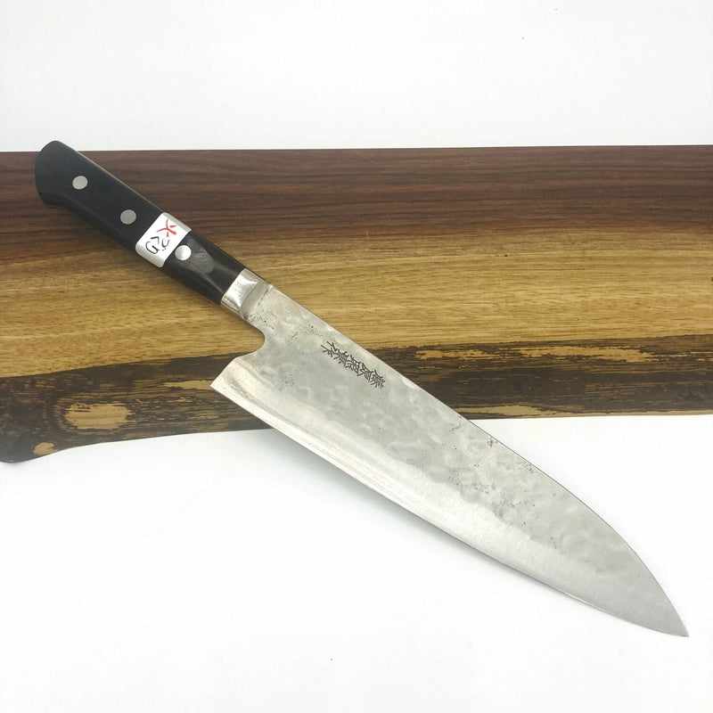 Teruyasu Fujiwara Maboroshi Stainless Clad Tsuchime 195mm Gyuto with Black Western Handle Tokushu Knife.