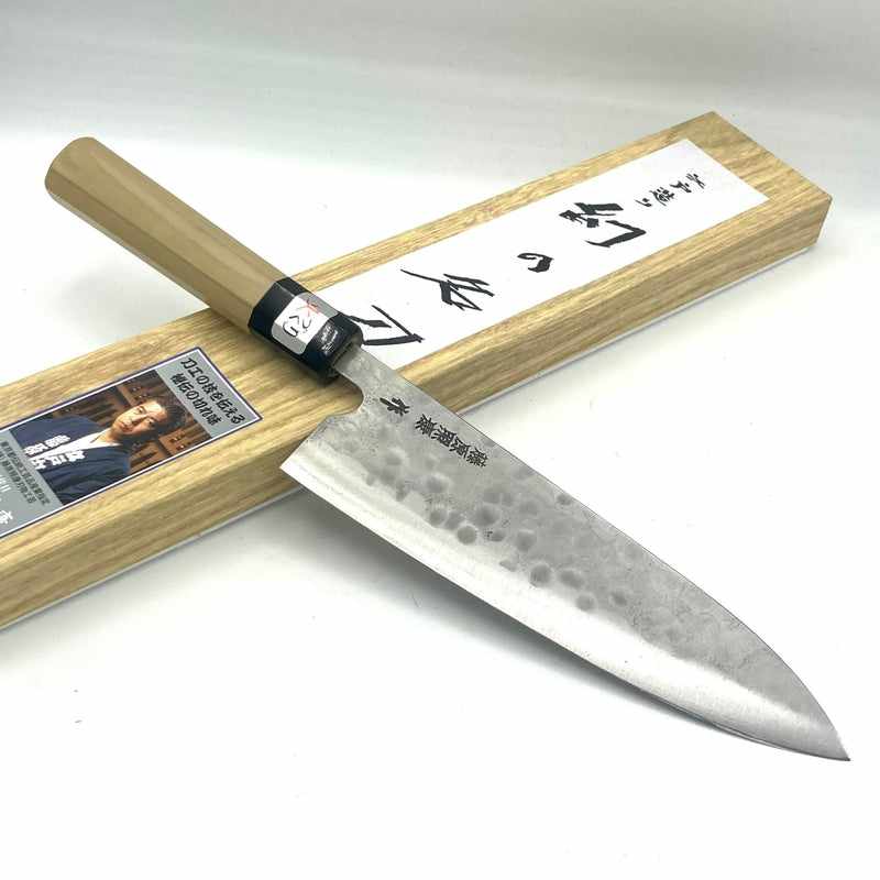 Teruyasu Fujiwara Maboroshi Stainless Clad White #1 Tsuchime 195mm Gyuto with Octagonal Ho and Buffalo Horn Wa Handle Tokushu Knife.