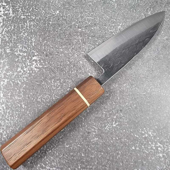 Tokushu Knife Tsuchime SLD 105mm Tall Petty / Ajikiri with Sanjo made Walnut Wa Handle Tokushu Knife.