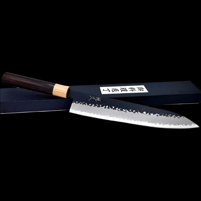 Tsunehisa Stainless Clad Aogami Super Kurouchi Tsuchime 240mm Gyuto with Morado Wa Handle Tokushu Knife.