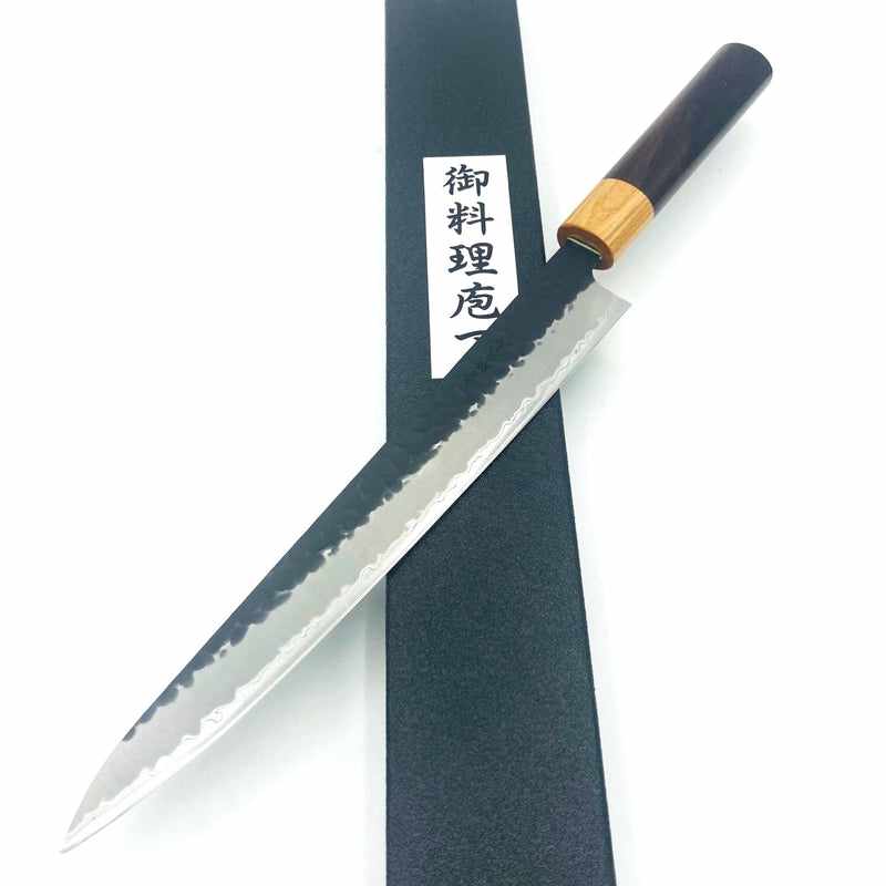 Tsunehisa Stainless Clad Aogami Super Kurouchi Tsuchime 240mm Sujihiki Slicer with Wa Circle Rosewood and White Handle Tokushu Knife.