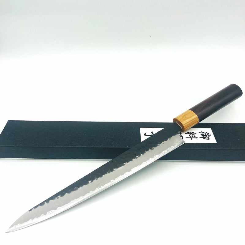 Tsunehisa Stainless Clad Aogami Super Kurouchi Tsuchime 240mm Sujihiki Slicer with Wa Circle Rosewood and White Handle Tokushu Knife.
