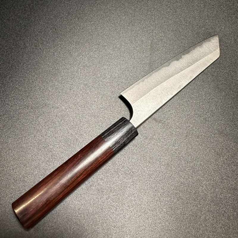 Yoshimi Kato Stainless Clad Aogami Super Nashiji 130mm Ko-Bunka with Rosewood Circle Wa Handles - Tokushu Knife